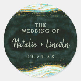 Aquamarine Hochzeit von Green & Gold Agate Marble  Runder Aufkleber