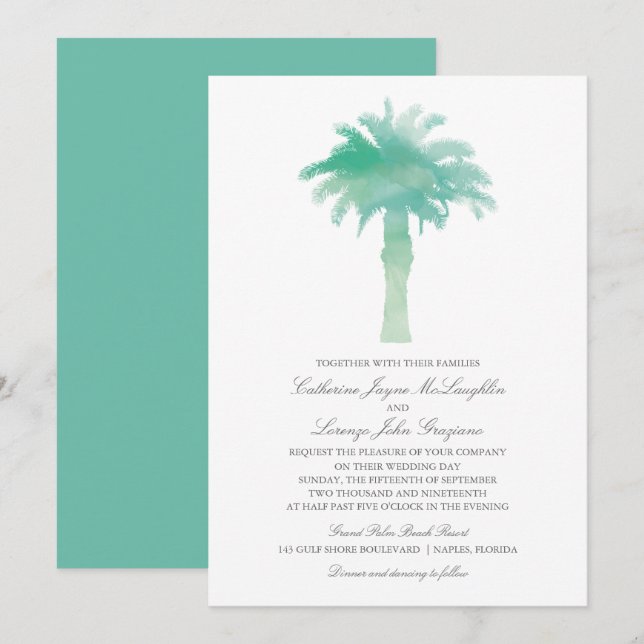 Aquamarine Hochzeit von Grünem Wasserfarbenpalmen Einladung (Vorne/Hinten)