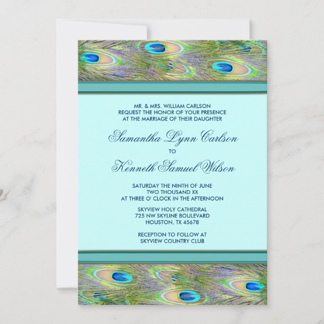 Aquamarine Hochzeitseinladungen für Blaue Pfaue Einladung (Vorderseite)