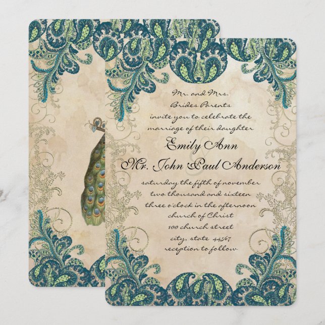 Aquamarine Hochzeitseinladungen für Gold und Limon Einladung (Vorne/Hinten)