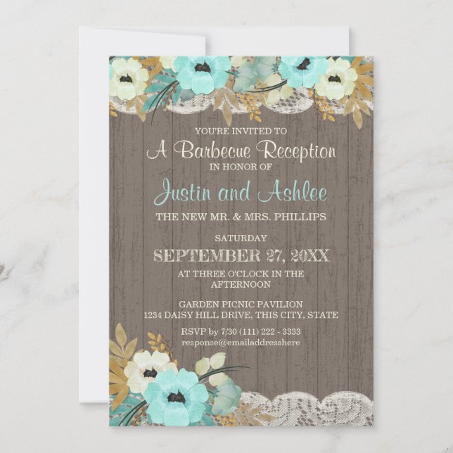Aquamarine Hochzeitsempfehlung mit Blumen und Spit Einladung (Vorderseite)