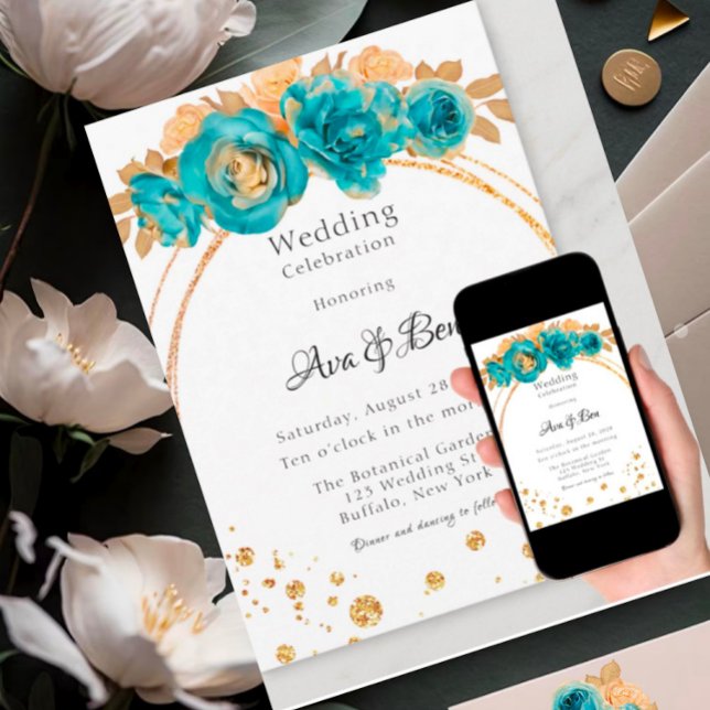 Aquamarine Hochzeitsfeier mit Goldener Peonie Einladung (Von Creator hochgeladen)