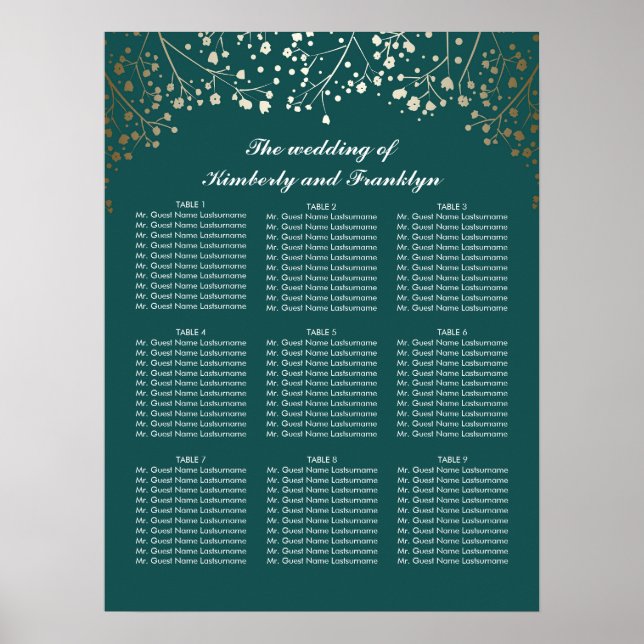 Aquamarine Hochzeitskarte für Gold-Gipskraut Poster (Vorne)