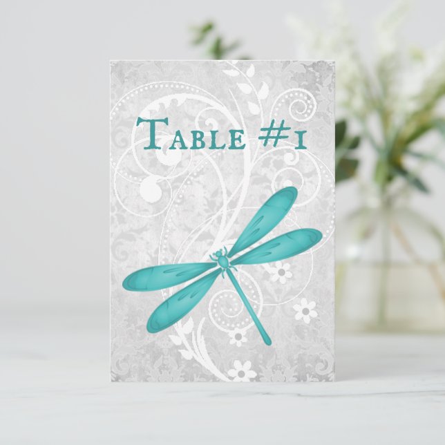Aquamarine Hochzeitskarte für Libellen Einladung (Stehend Vorderseite)