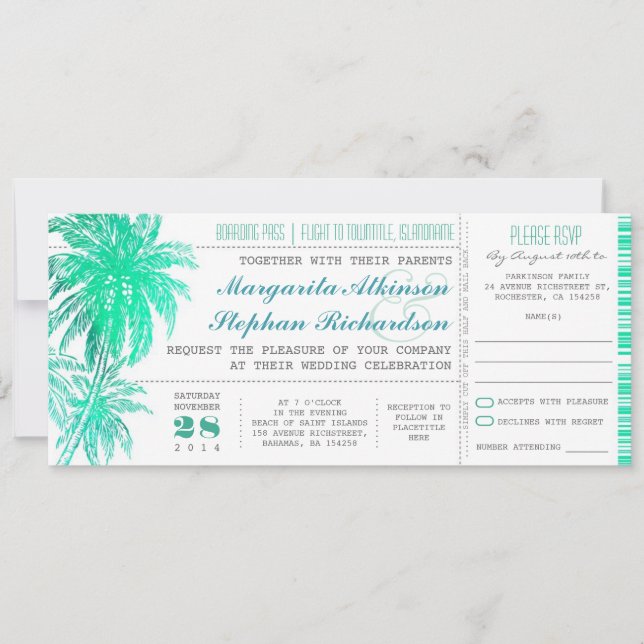 Aquamarine Hochzeitskarten für den tropischen Stra Einladung (Vorderseite)