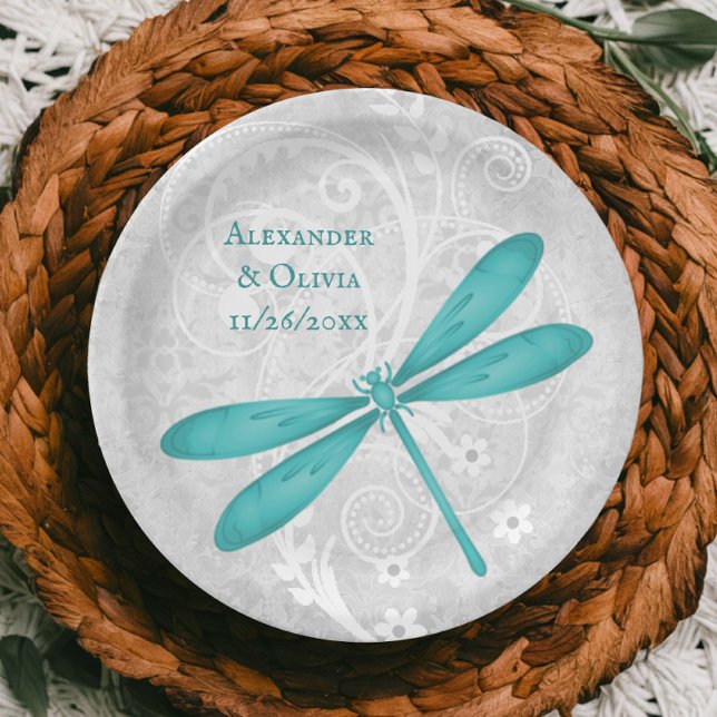 Aquamarine Hochzeitsplatte Pappteller (Teal Dragonfly Wedding Paper Plate)