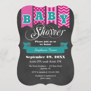 Aquamarine Hot-Pink-Chalkboard-Flag Babydusche ein Einladung