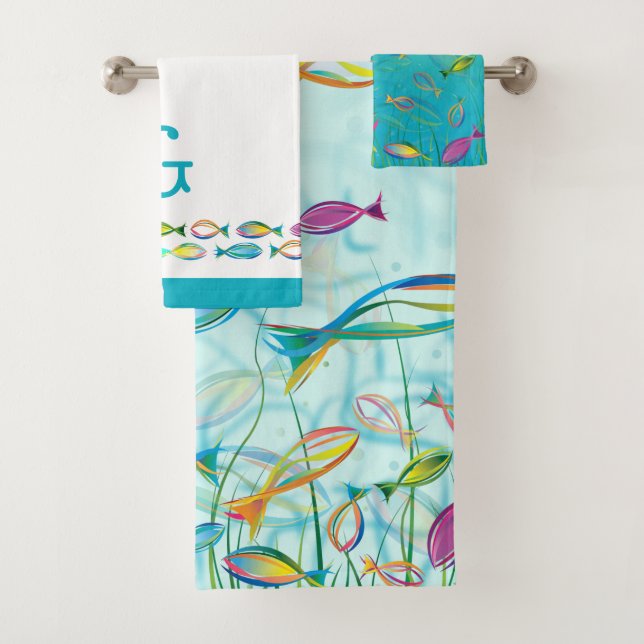 Aquamarine Illustration des tropischen Fisches Badhandtuch Set (Insitu)