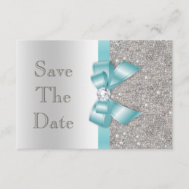 Aquamarine Imitate Bow & Diamonds Silver Save the  Date (Vorderseite)