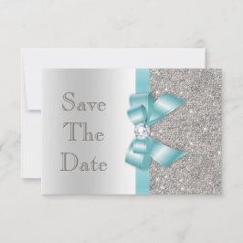 Aquamarine Imitate Bow & Diamonds Silver Save the Date