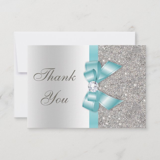 Aquamarine Imitate Bow Silver Diamonds Vielen Dank Dankeskarte (Vorderseite)