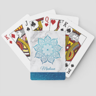 Aquamarine Imitate Glitzer Mandala auf weißem Marm Spielkarten