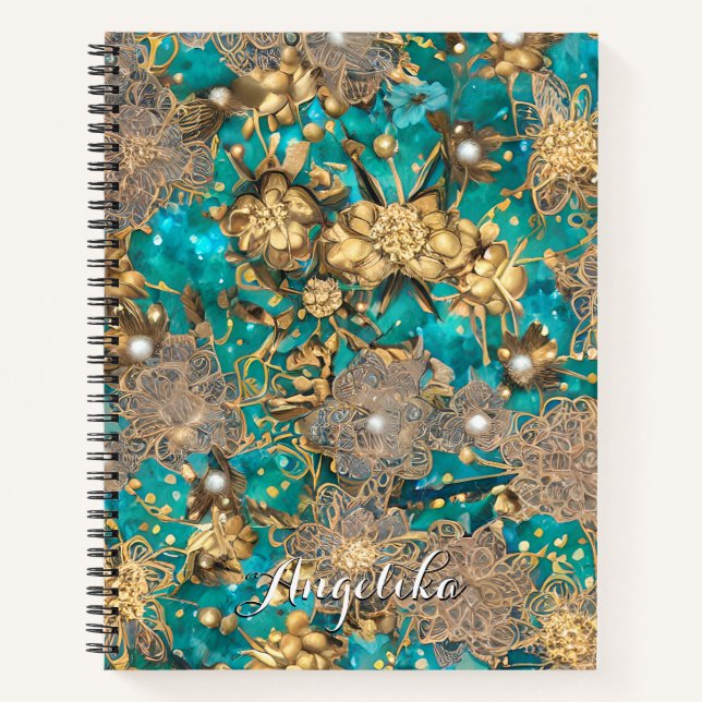 Aquamarine Imitate Gold Glitzer Abstrakte Blume Notizbuch (Vorderseite)