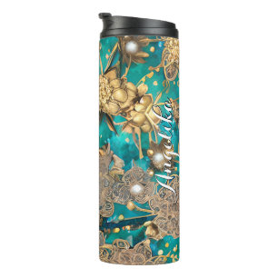 Aquamarine Imitate Gold Glitzer Abstrakte Blume Thermosbecher