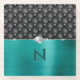 Aquamarine Imitate Metallhandschuh und Monogramm Glasuntersetzer