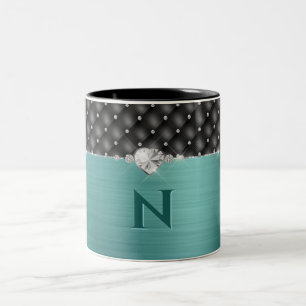Aquamarine Imitate Metallhandschuh und Monogramm Zweifarbige Tasse
