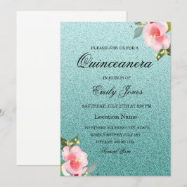Aquamarine Imitate mit Blumenbezug Glitzer Quincea Einladung