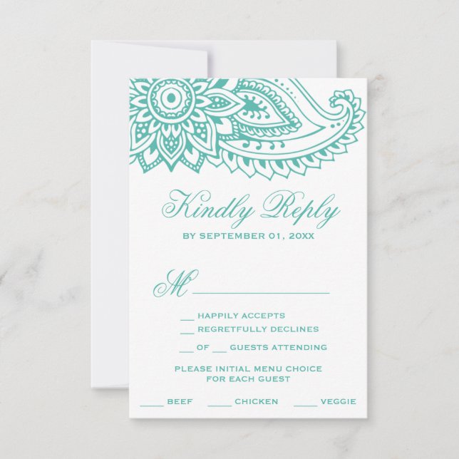 Aquamarine Indian Paisley Menü Auswahl RSVP Karte (Vorderseite)