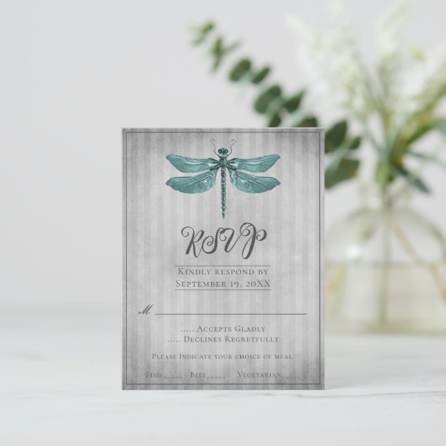 Aquamarine Jewelen Dragonfly Wedding RSVP (Stehend Vorderseite)
