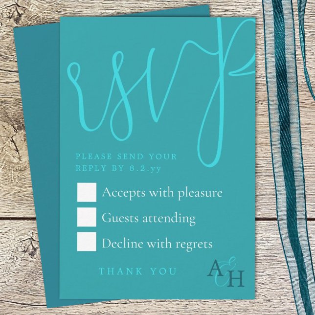 Aquamarine Kalligrafie Script Wedding RSVP Card Karte (teal green wedding rsvp enclosure card with elegant script calligraphy, return response card)