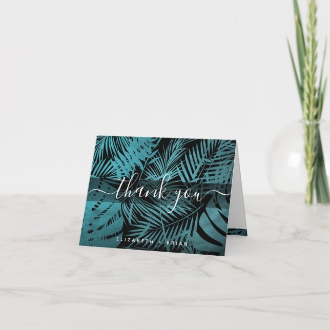 Aquamarine Kalligraphie-Schrift für tropische Palm Dankeskarte (Vorderseite)