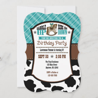 Aquamarine Kariert Cowhide Cowboy Birthday Einladu Einladung