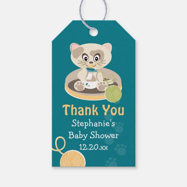 Aquamarine Katze in Diapers Baby Dusche Vielen Dan Geschenkanhänger (Vorderseite)