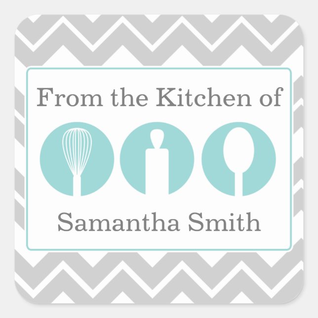 Aquamarine Kochutensilien Trio Kitchen Labels Quadratischer Aufkleber (Vorderseite)