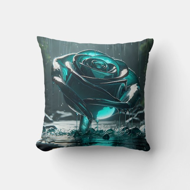 "Aquamarine KristallRose mit fallenden Regentropfe Kissen (Vorderseite)