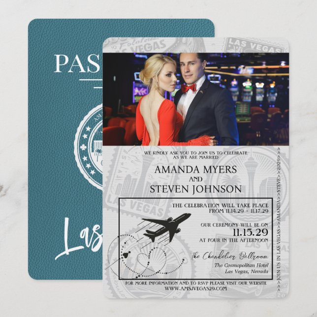 Aquamarine Las Vegas Passport Hochzeit Einladung (Vorne/Hinten)