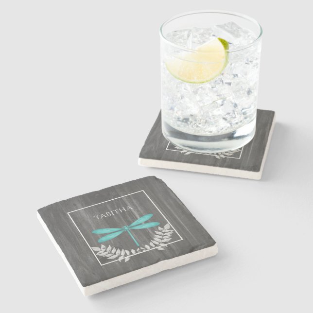 Aquamarine Libelle Rustikale Personalisierte Stone Steinuntersetzer (Seitenansicht)