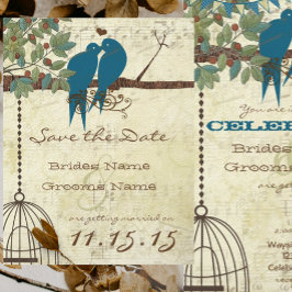 Aquamarine Liebesvögel, die Save the Date in einem Einladung