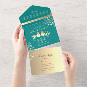 Aquamarine Liebesvögel Hochzeit All In One Einladung