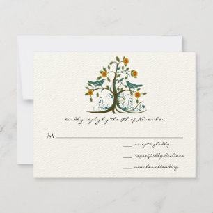 Aquamarine Liebesvögel Korallenblüte Bäume Hochzei RSVP Karte