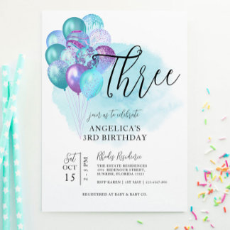 Aquamarine Lila Ballons 3. Geburtstagseinladung Einladung