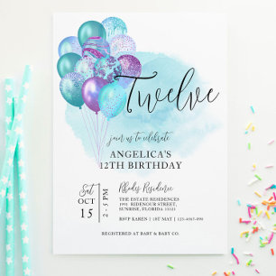 Aquamarine Lila Balloons 12. Geburtstagseinladung Einladung