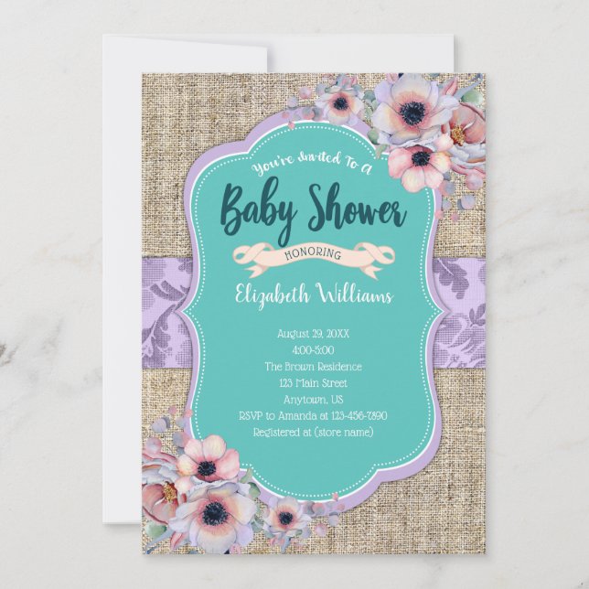 Aquamarine Lila Burlap Watercolor Blume Kinderdusc Einladung (Vorderseite)