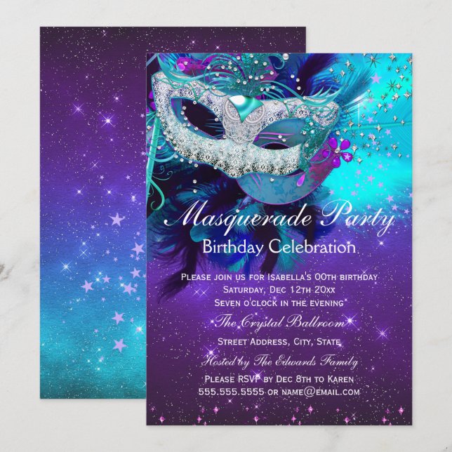 Aquamarine Lila Feather Masquerade Geburtstag Einladung (Vorne/Hinten)