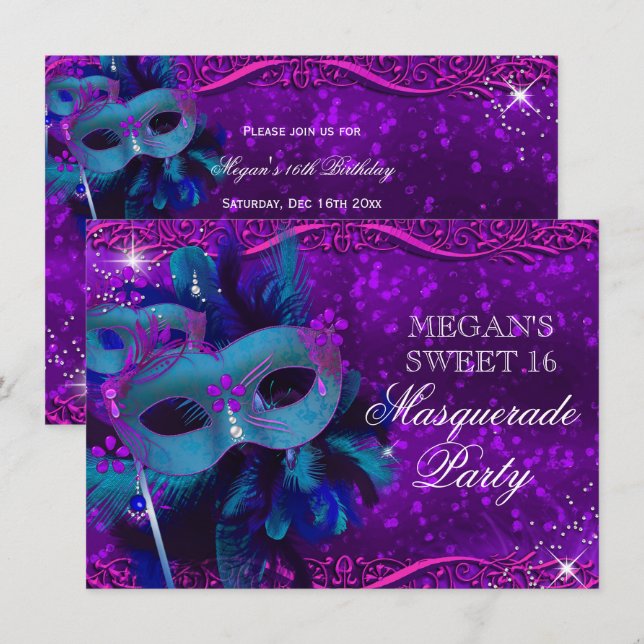 Aquamarine Lila Feather Masquerade Sweet 16 Einladung (Vorne/Hinten)