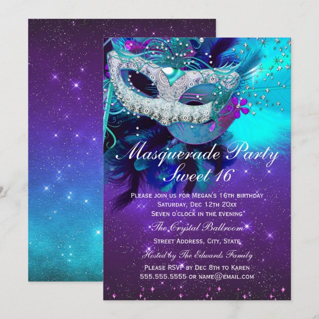 Aquamarine Lila Federmaske Masquerade Einladung (Vorne/Hinten)