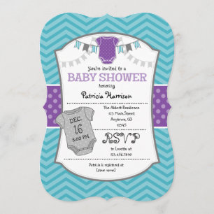 Aquamarine Lila, graue Zickzack Babydusche Einladu Einladung