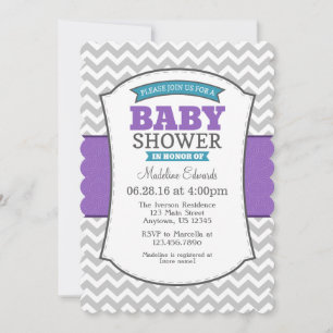 Aquamarine Lila Graue Zickzack Babydusche Einladun Einladung