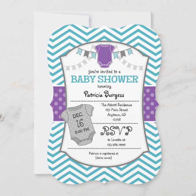 Aquamarine Lila Graue Zickzack Babydusche Einladun Einladung (Vorderseite)