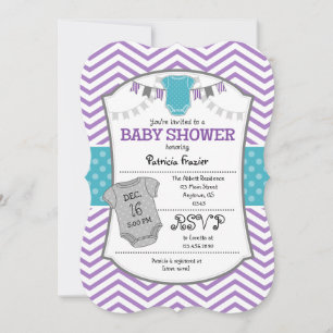 Aquamarine Lila Graue Zickzack Babydusche Einladun Einladung