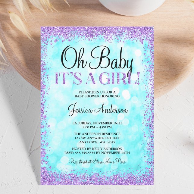 Aquamarine Lila Imitate Glitzer Lights Girl Babydu Einladung (Von Creator hochgeladen)
