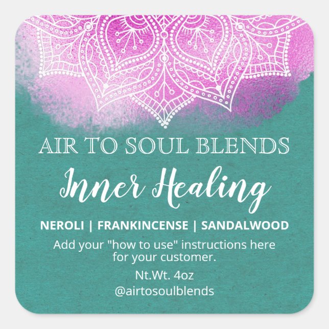 Aquamarine Lila Mandala Inner Healing Blend Labels Quadratischer Aufkleber (Vorderseite)