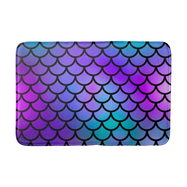 Aquamarine Lila rosa blaue Meerjungfrau Scales Fan Badematte (Vorderseite)