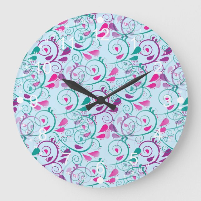 Aquamarine Lila Rosa Blütenblume Blühe Wirbel auf  Große Wanduhr (Vorderseite)