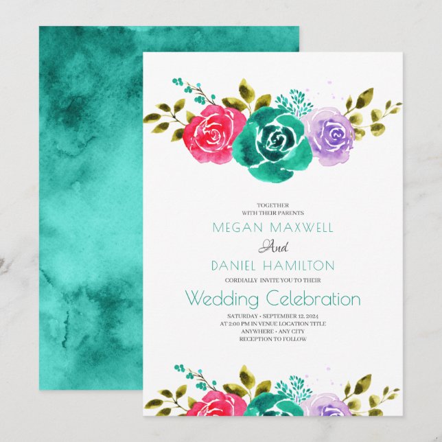 Aquamarine Lila Rose Blumenhochzeit Einladung (Vorne/Hinten)