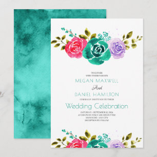 Aquamarine Lila Rose Blumenhochzeit Einladung